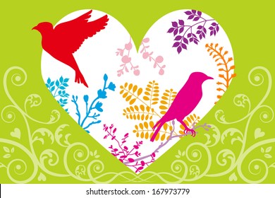Spring heart,birds and plants