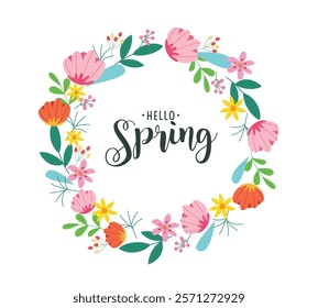 Spring hello greeting card clipart design. Hello spring text with colorful watercolor drawing flowers and leaves in round wreath shape for beautiful clip art background. Vector illustration floral 