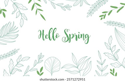 Spring hello greeting clipart background. Hello spring text with drawing flowers and leaves outline in green color for greetings card background. Vector illustration simple invitation clip art design.