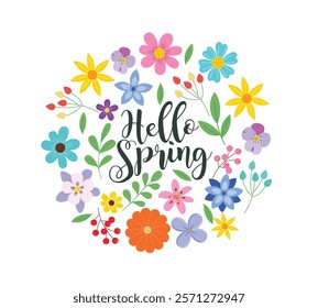 Spring hello greeting clipart design. Hello spring text with colorful flower bouquet in water color drawing clip art decoration elements. Vector illustration floral bunch greeting card.  
