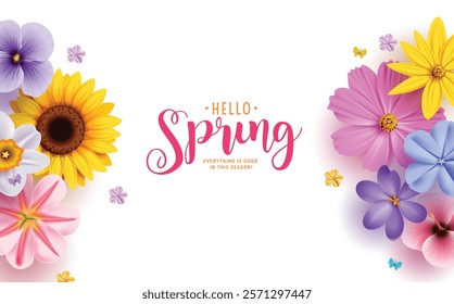 Spring hello greeting text clipart design. Hello spring greeting card with sunflower, daisy, crocus, chamomile and bluebell colorful flowers decoration elements. Vector illustration floral invitation 