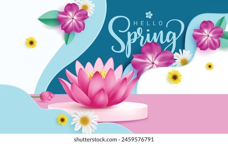 Frühlingshallo Gruß Vektorgrafik Design. Hallo Frühlingstext mit Lotus, Perwinkle und Gänseblümchen Blüten in Podium Bühne Produktpräsentation. Vektorillustration Frühling Saison Grußkarte.
