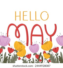 Ilustración de letras de primavera Hola mayo con flores tiernas en fondo aislado. Vector estilo botánico, con color vibrante. Para postales, invitaciones, afiches.