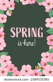 Spring is Here Card with Flowers and Bee. Spring Season Cards Postcards with Hand Drawn Cherry Blossoms.