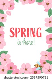 Spring is Here Card with Flowers and Bee. Spring Season Cards Postcards with Hand Drawn Cherry Blossoms.
