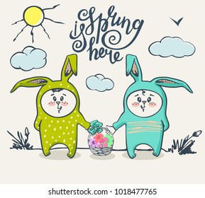 Spring is here card with lettering. Card with Rabbit. Concept card with text in vector.