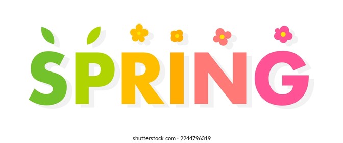 Spring is here. Colorful word banner with flowers and leaves vector illustration.