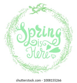 Spring is here. Floral botanical wreath with handwritten calligraphy. Vector illustration with typography. Green frame from wild forest plants and flowers.