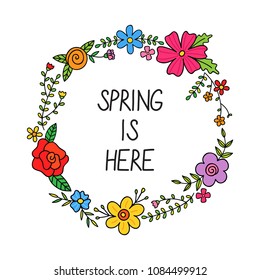 Spring is here, floral colorful wreath vector illustration. Greeting card or invitation template for print, web, banner.