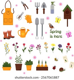 Spring is here. Gardening tools - apron, shovel and pitchfork, pruning shears and scissors. Birdhouse and birds. Butterflies, insects, snails and ladybugs. Seeds for sowing. Plants in pots and boxes