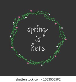 Spring is here, hand drawn floral wreath with leaves and tulips, vector illustration isolated on dark grey background.