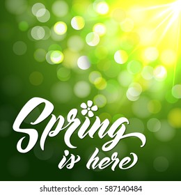 SPRING IS HERE Hand lettered style spring background. Handmade vector calligraphy on abstract glowing green background with bokeh light and sun beams