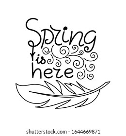 Spring is here, handwritten. Doodle elements and a bird feather. Vector illustration for postcards, posters and others.