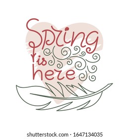 Spring is here, handwritten. Pink heart. Doodle elements and a bird feather. Vector illustration for postcards, posters and others.