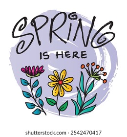  Spring is here lettering with flowers. Hand drawn vector illustration.