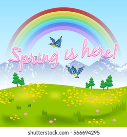 Spring is here natural scenery with grassy meadow included flowers, birds, rainbow, trees and mountains.