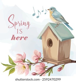 Spring is here painting with a singing bird, birdhouse, and blooming flowers in a seasonal nature scene