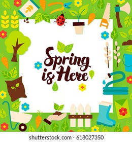 Spring is Here Paper Template. Vector Illustration Flat Style Nature Garden Poster with Lettering.