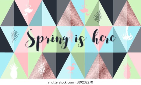 Spring is here poster, banner in trendy 80s-90s Memphis style. Copper metal and rose gold vector illustration, lettering and colorful design for poster, card, invitation. Easy editable for design.