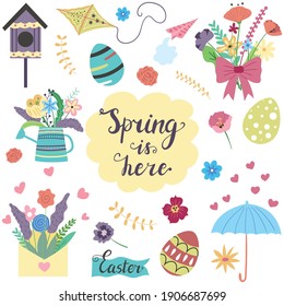 Spring is here text with colorful flowers and eggs. International holiday and easter concept. Vector illustration design