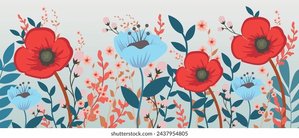 Spring is here, vector card with bright spring summer flowers. Illustration with hand drawn floral elements.