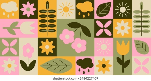 Spring high contrast abstract horizontal banner in geometric style. Botanical elements in simple geometric shapes, vector flat style. Good for Easter templates, cover design