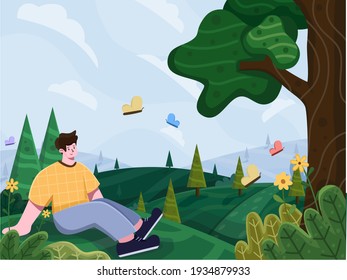 Spring hill landscape illustration with floral, grass, butterfly, and people relax enjoying spring season. Nature landscape spring background, village, people picnic on vacation. Postcard,Greetingcard