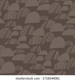 Colinas primaverales con suelo soplado para la siembra sin fisuras para el diseño de fondo, tela, textil, envoltura, superficie, tela e impresión. Relación abstracta de mosaico vectorial marrón natural.
