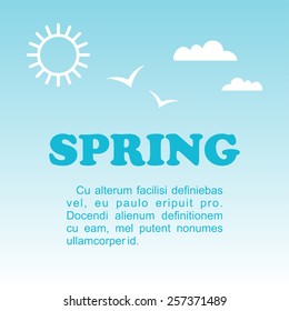 Spring holiday background. Sky with sun and birds. Vector design greetings card or poster