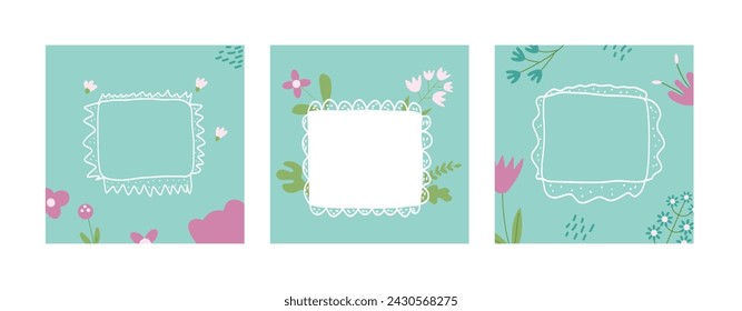 Spring holiday backgrounds set. Flower abstract banner templates with frame. Cards with decoration. Vector simple illustration.