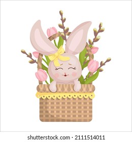 Frühlingskorb mit Osterhasen, rosafarbenen Tulpen, Weide. Cartoon-Vektorgrafiken.