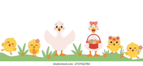 Spring Holiday Border with Adorable Birds and Easter Egg Basket Easter Bottom Border Design with Cute Animals on Green Grass Festive Easter Frame with Duck Chicks Flowers and Egg Basket