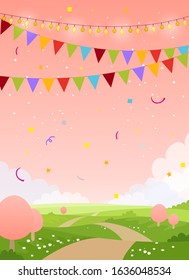 Spring holiday card background with copy space. Fairytale country with pink sky, trees and flags. Blank for birthday, invitation, children s party. Flat cartoon vector illustration