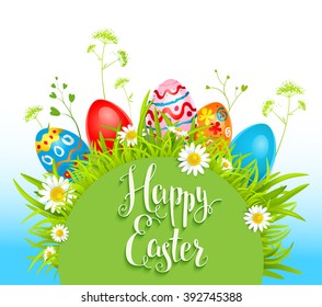 Tarjeta de vacaciones de primavera con huevos para tarjeta de diseño, pancarta, boleto, volante, etc. Página de plantilla con inscripción manuscrita Feliz Pascua. Tarjeta de vacaciones.