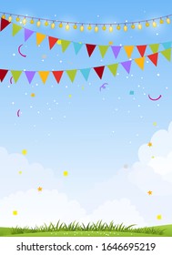 Spring holiday card with place for text. Summer landscape decorated with flags and confetti. Blank for invitation, flyer, holiday, birthday. Modern vector illustration