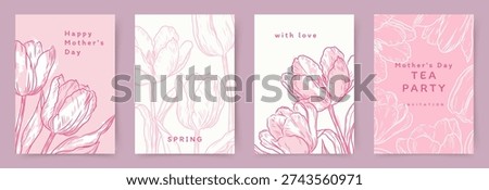 Spring holiday card set with bouquet of tulips. Hand drawn vector line art floral motifs for Womens Day March 8, birthday and Mothers Day