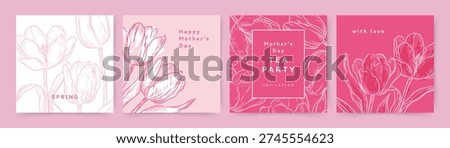 Spring holiday card set with bouquet of tulips. Vector templates for Women's Day March 8, birthday, Mother's Day, social media post, wedding invitation, greeting card, packaging