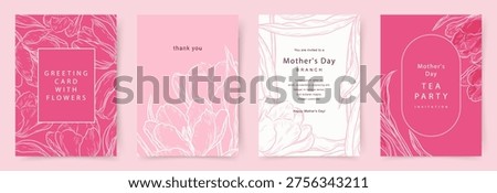 Spring holiday card set with bouquet of tulips. Hand drawn vector line art floral motifs for Women's Day March 8, birthday and Mother's Day	