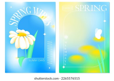 Spring holiday cards set. Bright covers, brochure with flowers. Sunny day, butterfly. 
