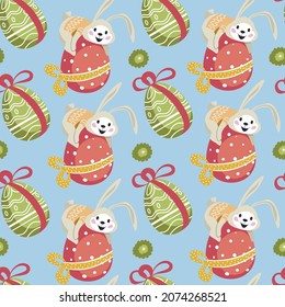 Celebración de la primavera, tradiciones de Pascua y costumbres. Huevo de color hervido con arco de cinta decorativa y conejo. Amarre con orejas largas. Patrón, fondo o impresión sin inconvenientes. Vector de estilo plano