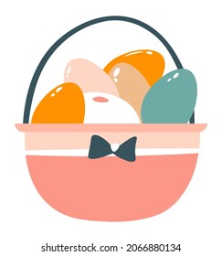 Spring holiday celebration and preparation, holy easter. Isolated basket with painted and colorful eggs, springtime vacation and seasonal festivities. Greeting card. Vector in flat style illustration