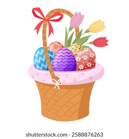 Spring holiday chocolate eggs in basket. Easter painted eggs wicker basket flat vector illustration. Cartoon basket full of colorful eggs