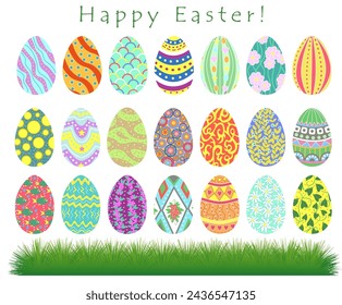 Spring holiday collection with Happy Easter eggs with different textures and patterns and grass isolated on white. Traditional symbols and objects set in flat design style. 