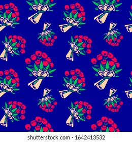 Spring holiday design art. Red tulip seamless pattern. Bouquet of flowers. Black line poppy floral set. Can use for prints, wrapping paper, wallpaper. Navy blue background. Stock vector illustration.