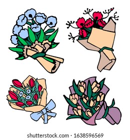 Spring holiday design celebration art. 8 march element. Black linear outline marguerite bouquet. Tulip petal flower sticker set. International womens day white isolated stock vector illustration