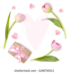 Spring holiday design template. Pink tulip with gift box and paper hearts for Mothers Day decor. Vector background.