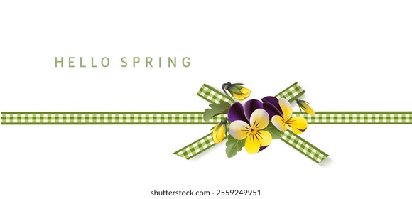 Spring holiday design template. Holiday white background with horizontal green plaid ribbon, bow, bouquet of violets and Hello Spring text isolated on white. Vector stock illustration.