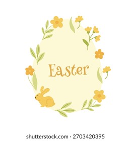 Vacaciones de primavera, celebración de Pascua. Una tarjeta y un Anuncio modernos. Huevos estampados con conejitos y flores.