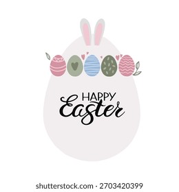 Spring holiday, Easter celebration. A modern card and banner. Patterned eggs with bunnies and flowers.