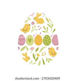 Spring holiday, Easter celebration. A modern card and banner. Patterned eggs with bunnies and flowers.